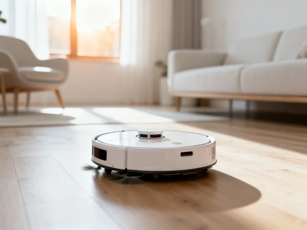 Nowoczesny robot odkurzający poruszający się po jasnej drewnianej podłodze w minimalistycznym salonie.