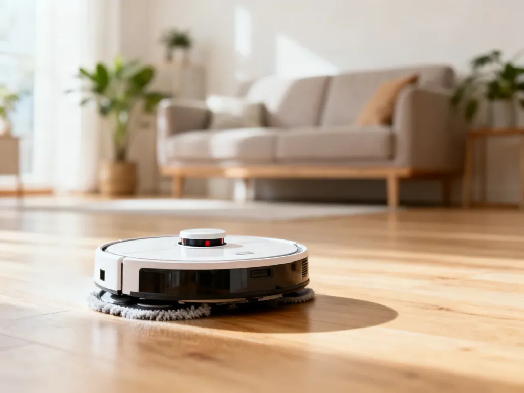 Nowoczesny robot sprzątający mopuje jasną podłogę w minimalistycznym salonie.